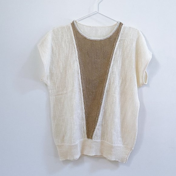 Light Knit Sweater Vest Cap Sleeve Cream and Tan Women Sleeveless Top Sz M/L - Picture 1 of 7